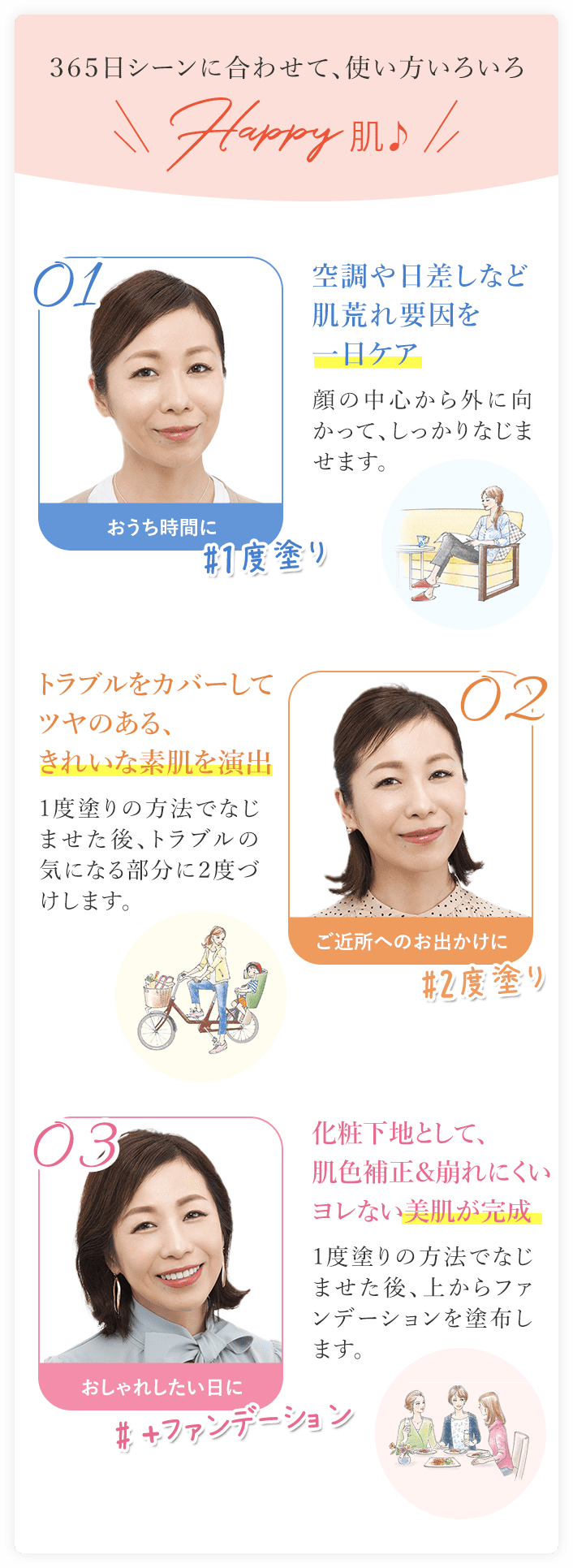 ３６５日シーンに合わせて、使い方いろいろ空調や日差しなど肌荒れ要因を一日ケア 顔の中心から外に向かって、しっかりなじませます。トラブルをカバーしてツヤのある、きれいな素肌を演出1度塗りの方法でなじませた後、トラブルの気になる部分に２度づけします。 化粧下地として、肌色補正＆崩れにくいヨレない美肌が完成上からファンデーションを塗布します。